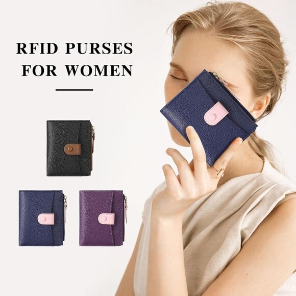 Leather RFID Wallet Women Bifold Zipper Card Holder with ID Window - Picture 4 of 6
